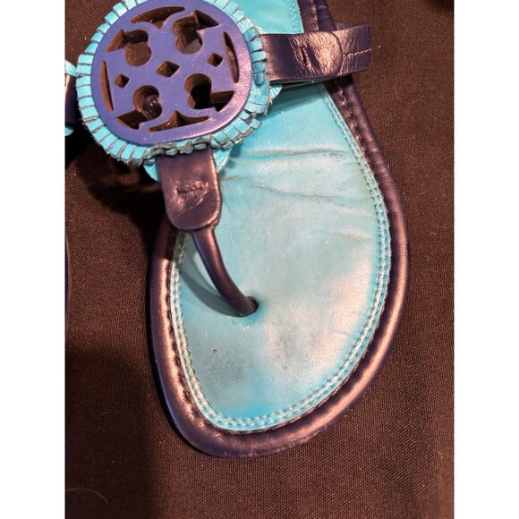 Women’s Tory Burch Flat Sandals Miller Fringe Navy Sea Blue Thong Flip Flop, 6 - Picture 3 of 6